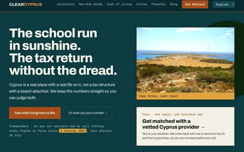 Clear Cyprus homepage: the headline The school run in sunshine. The tax return without the dread., beside a photo of Cape Greco and a Get matched card.