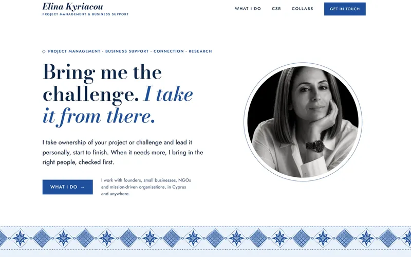 Elina Kyriacou homepage: the headline Bring me the challenge. I take it from there., beside a black and white portrait, above a blue Cypriot lace pattern.