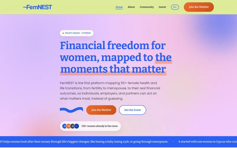 FemNEST homepage: the headline Financial freedom for women, mapped to the moments that matter, on a soft pink and lilac background with a Join the Waitlist button.