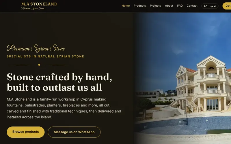 M.A Stoneland homepage: the headline Stone crafted by hand, built to outlast us all, in gold on black, beside a cream stone villa with a pool.