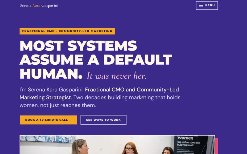 Serena Gasparini homepage: a deep purple hero with the headline Most systems assume a default human. It was never her., and a Book a 30-minute call button.