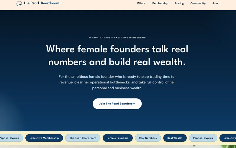 The Pearl Boardroom homepage: a dark navy hero with the headline Where female founders talk real numbers and build real wealth, and a Join button.